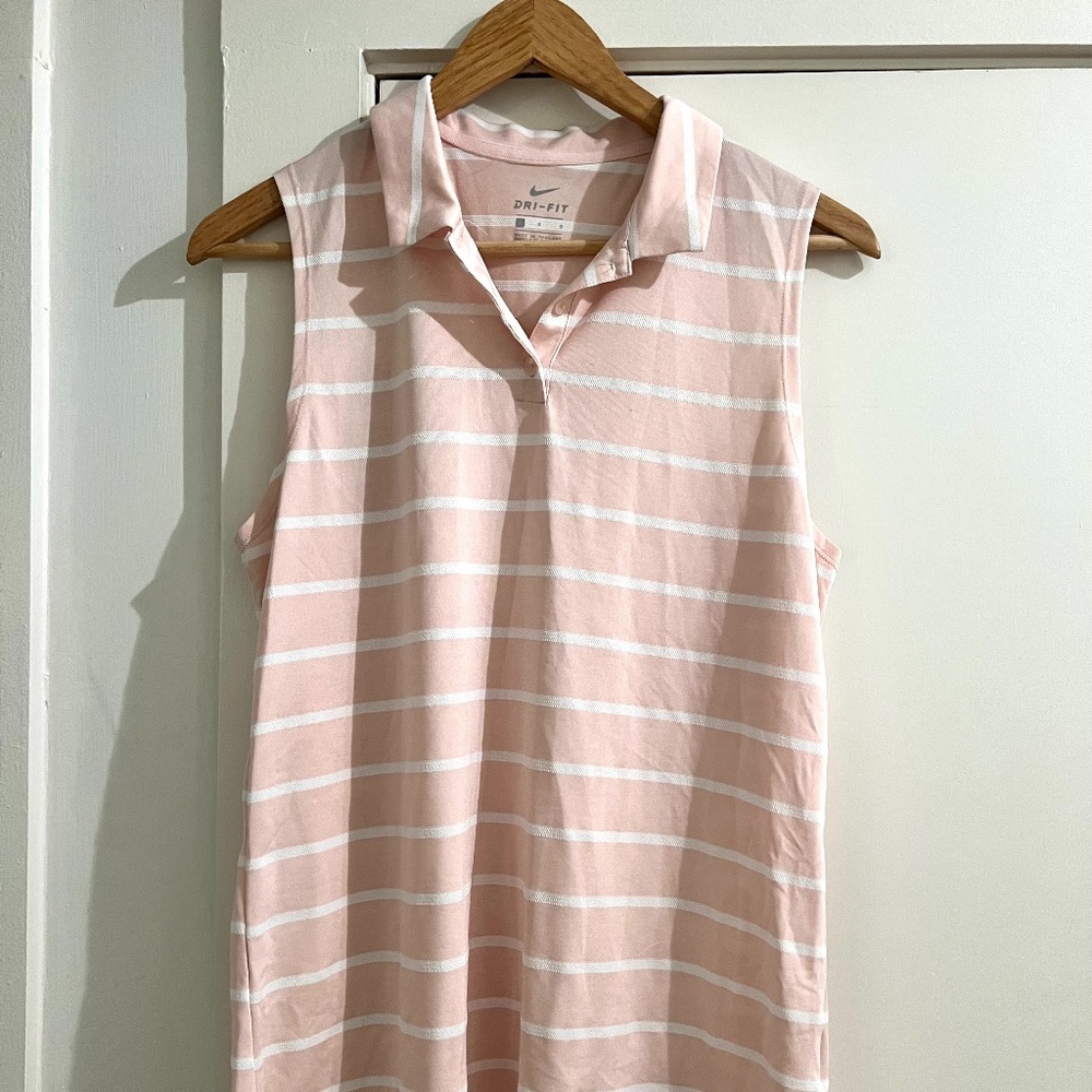 Nike Golf Dri Fit Pink Stripped Sleeveless Polo Large
